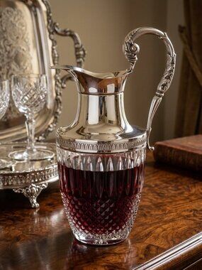 Vintage Cut Crystal Claret Jug Pitcher with Silver Plated Top & Ornate Handle